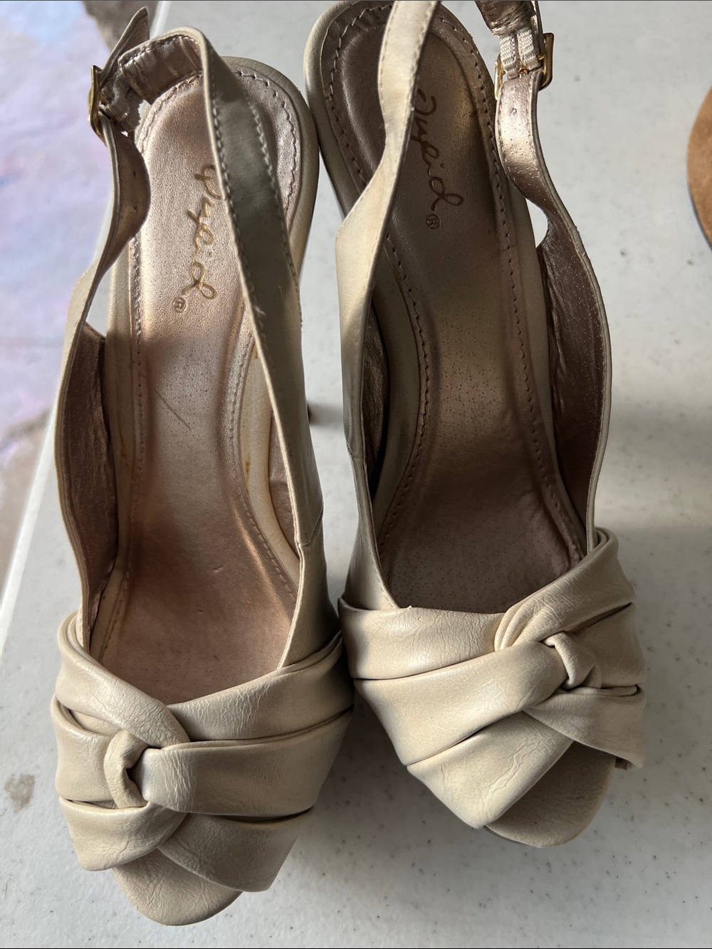 Qupid Cream Knot Front Slingback Heels